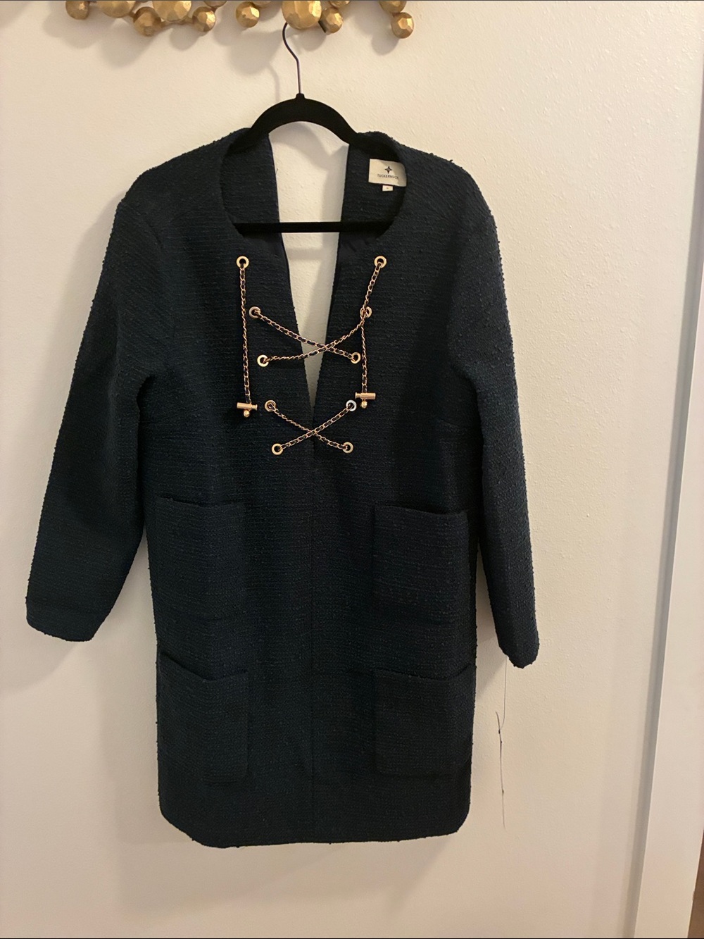 Tuckernuck Navy Bouclé Mini Dress with Gold Chain Details